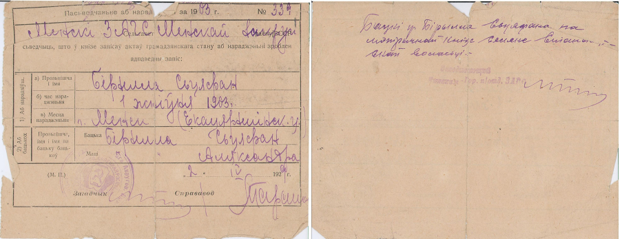 Пасведчанне аб нараджэнні С.С. Бірылы, 1903/1929.