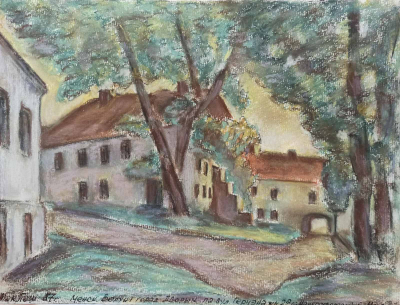 &quot;Верхні горад. Менск. Дворык па вул. Герцэна, № 2а (з контрафорсам) і № 4 (з аркай)&quot;. Папера, пастэль, соус.1987